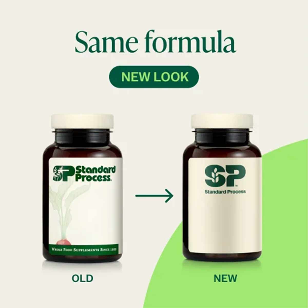 Two Standard Process supplement bottles showing old packaging with radish illustration and new packaging with simplified labe