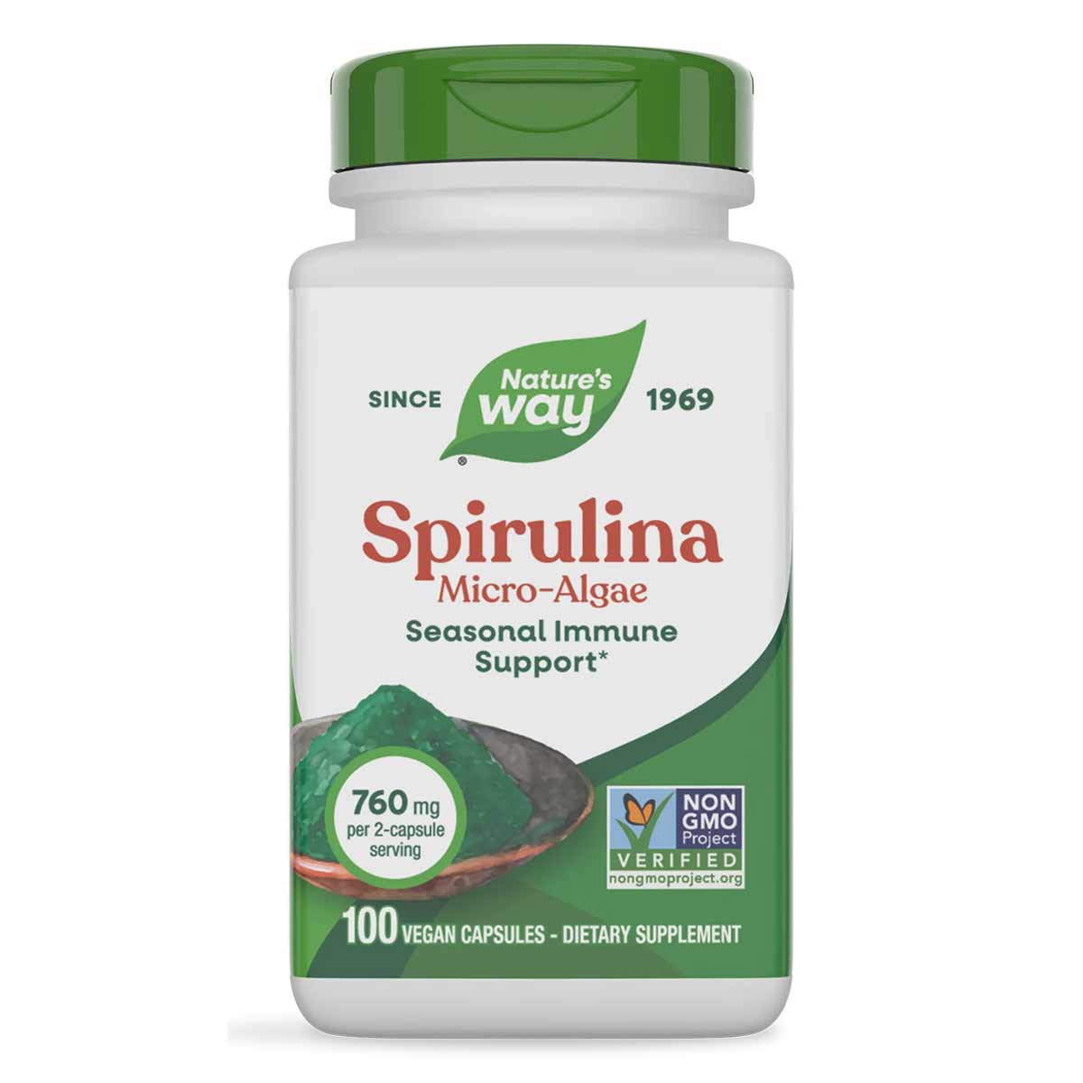 Nature's Way Spirulina Micro-Algae dietary supplement bottle with green cap containing 100 vegan capsules.