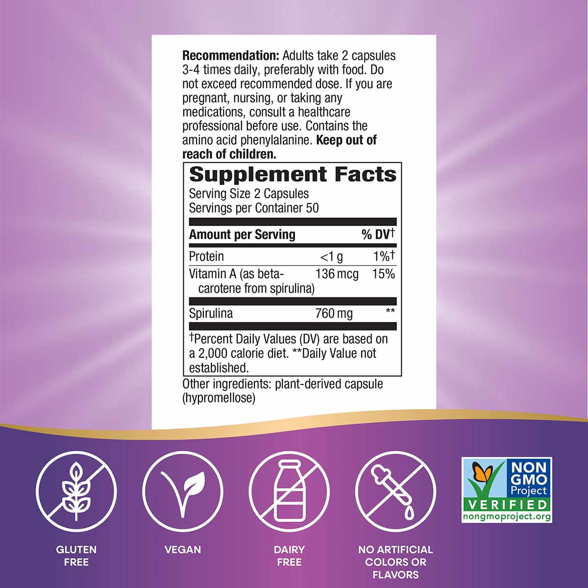 Supplement Facts label for Spirulina Micro-Algae capsules showing dosage, nutritional information, and certification badges o