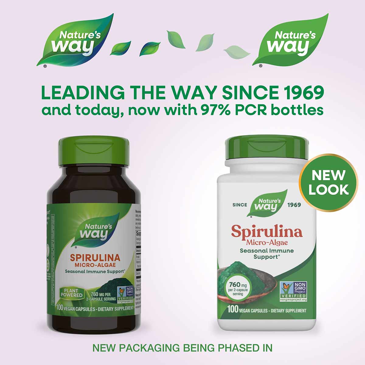 Nature's Way Spirulina Micro-Algae supplement bottles shown in old and new packaging designs with green caps.