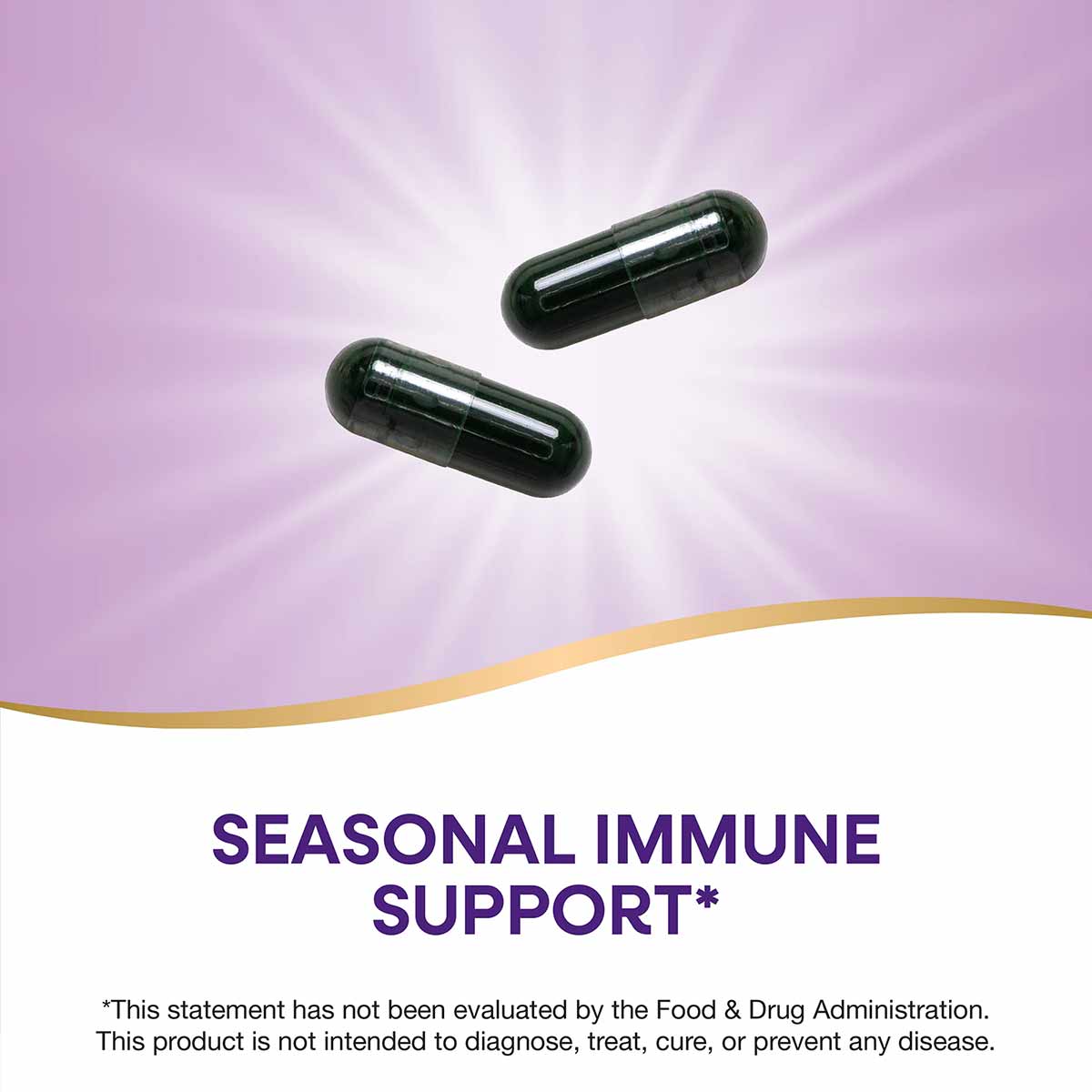 Two dark green capsules on a purple background with gold curved line and text reading "Seasonal Immune Support."