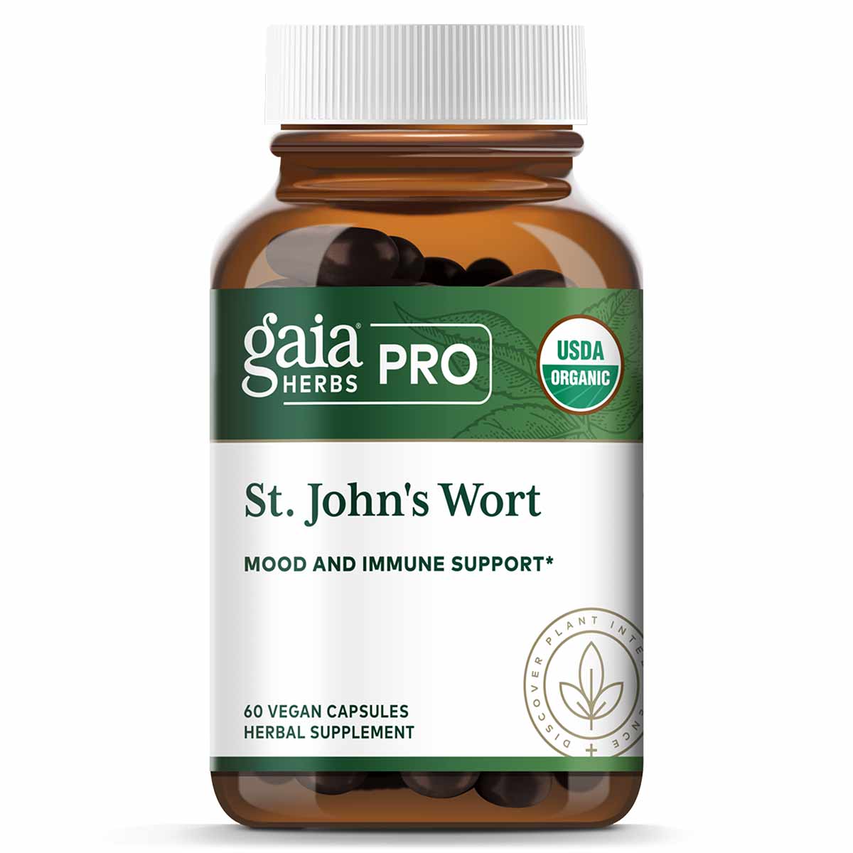 Amber glass bottle with white cap containing 60 dark vegan capsules of St. John's Wort herbal supplement by Gaia Herbs Pro.