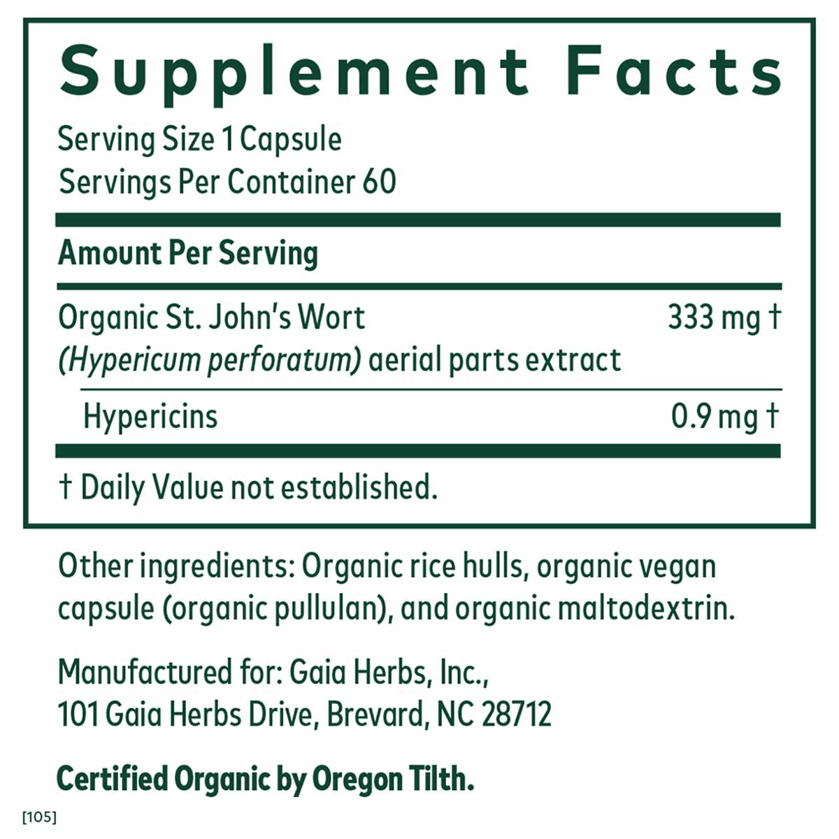 Supplement Facts label for St. John's Wort capsules showing 60 servings with 333 mg organic extract per capsule.