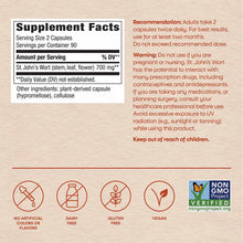 St. John's Wort supplement facts label showing 700mg per serving, 90 servings, with warnings and ingredient list on beige bac