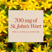Cream-colored label with red text stating "700 mg of St. John's Wort per 2-capsule serving" overlaid on yellow flowers and gr