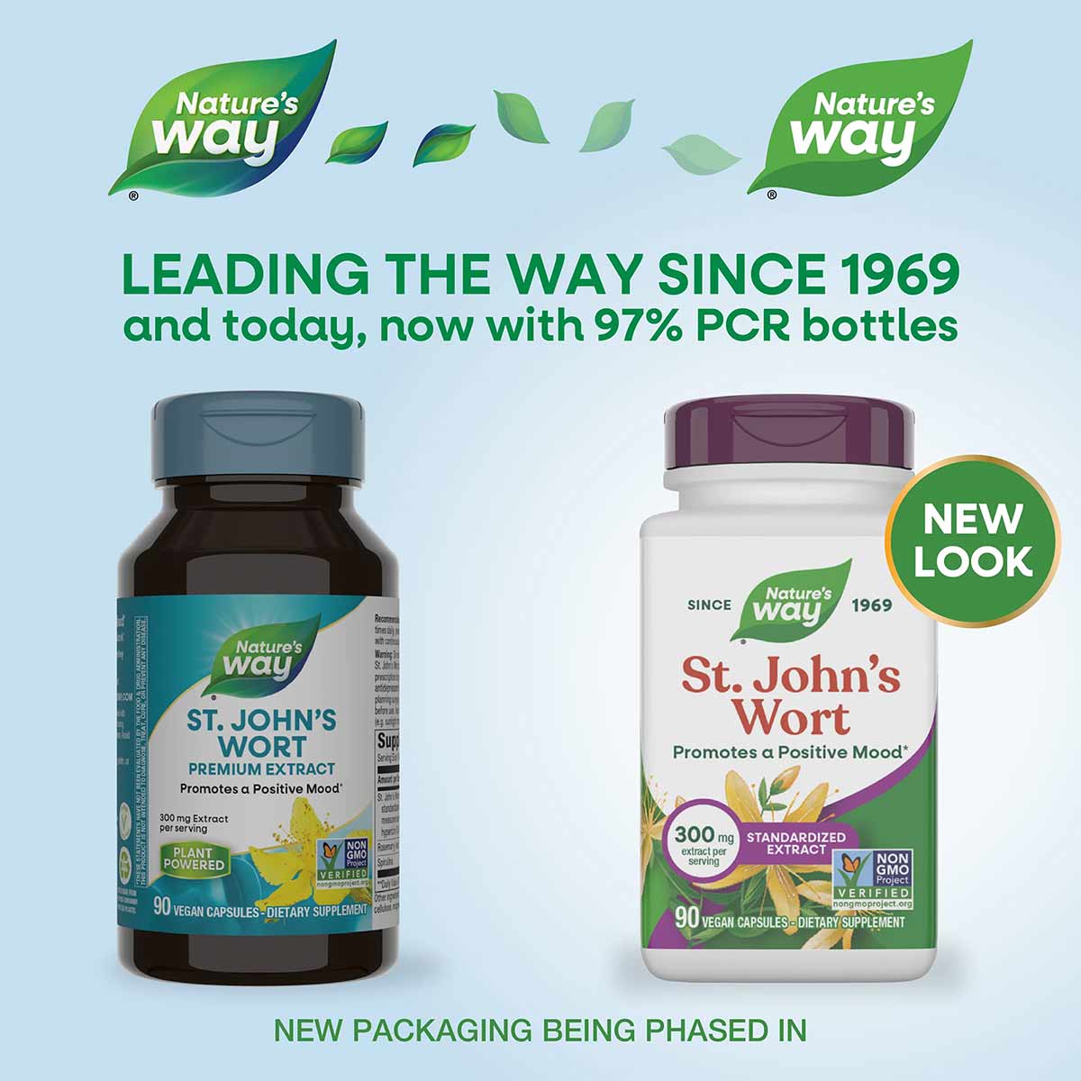 Two bottles of Nature's Way St. John's Wort 300mg capsules shown side-by-side, old and new packaging designs.