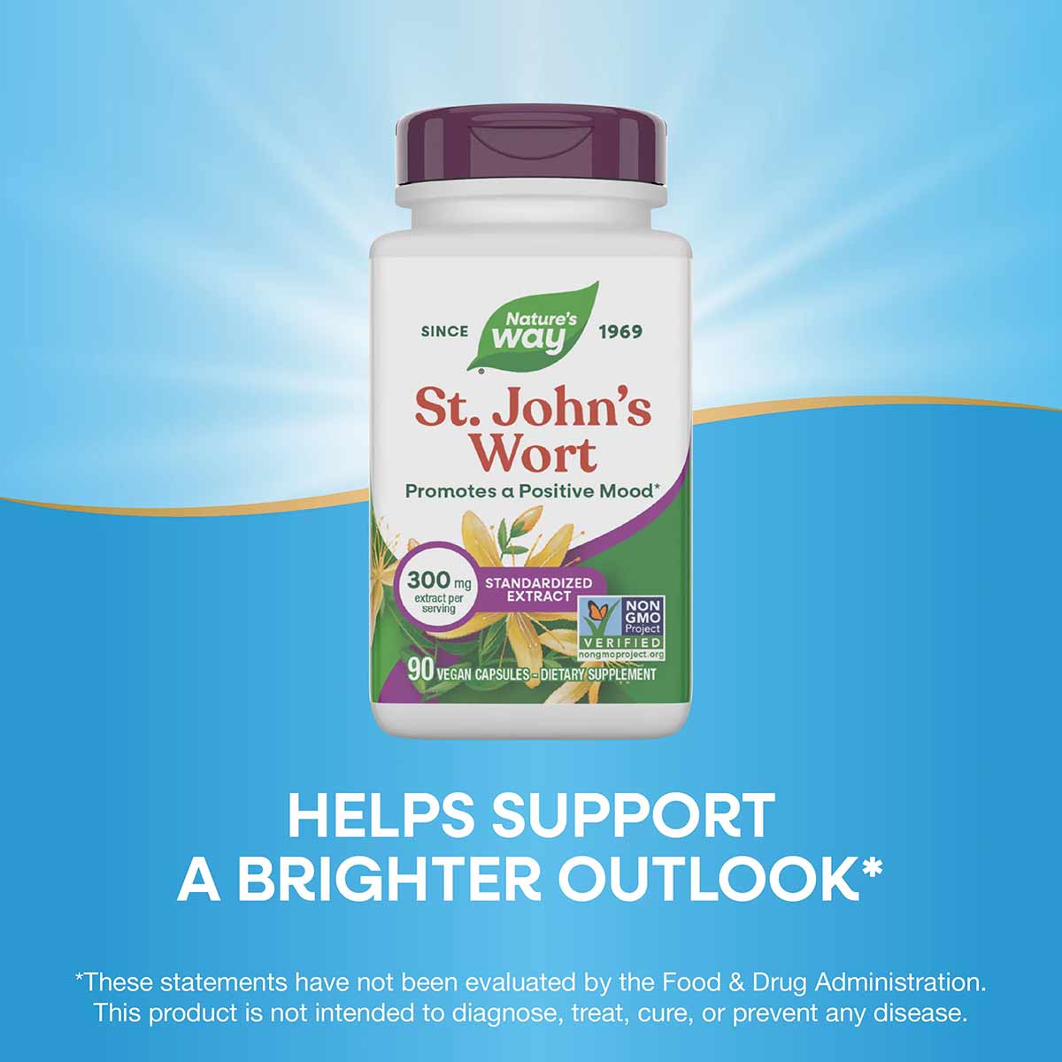 White bottle with burgundy cap containing Nature's Way St. John's Wort 300 mg standardized extract, 90 vegan capsules.