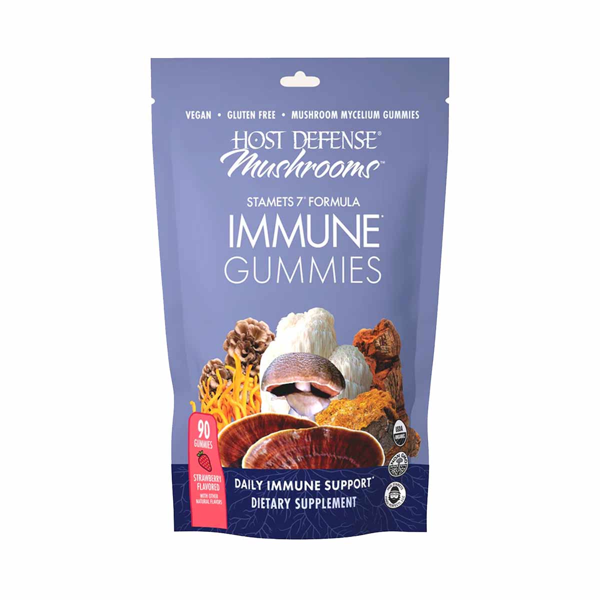 Purple resealable pouch of Host Defense Stamets 7 Formula Immune Gummies with mushroom imagery and "90 gummies, strawberry fl