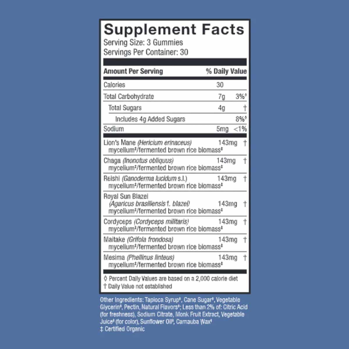 Supplement Facts label for Host Defense Stamets-7 gummies showing nutritional information and mushroom ingredients per 3-gumm