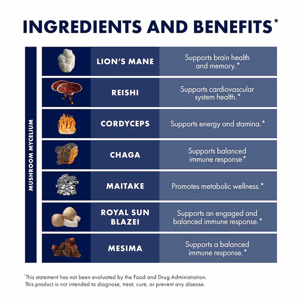 Ingredients and benefits chart showing seven mushroom varieties with their names and claimed health benefits on dark blue bac