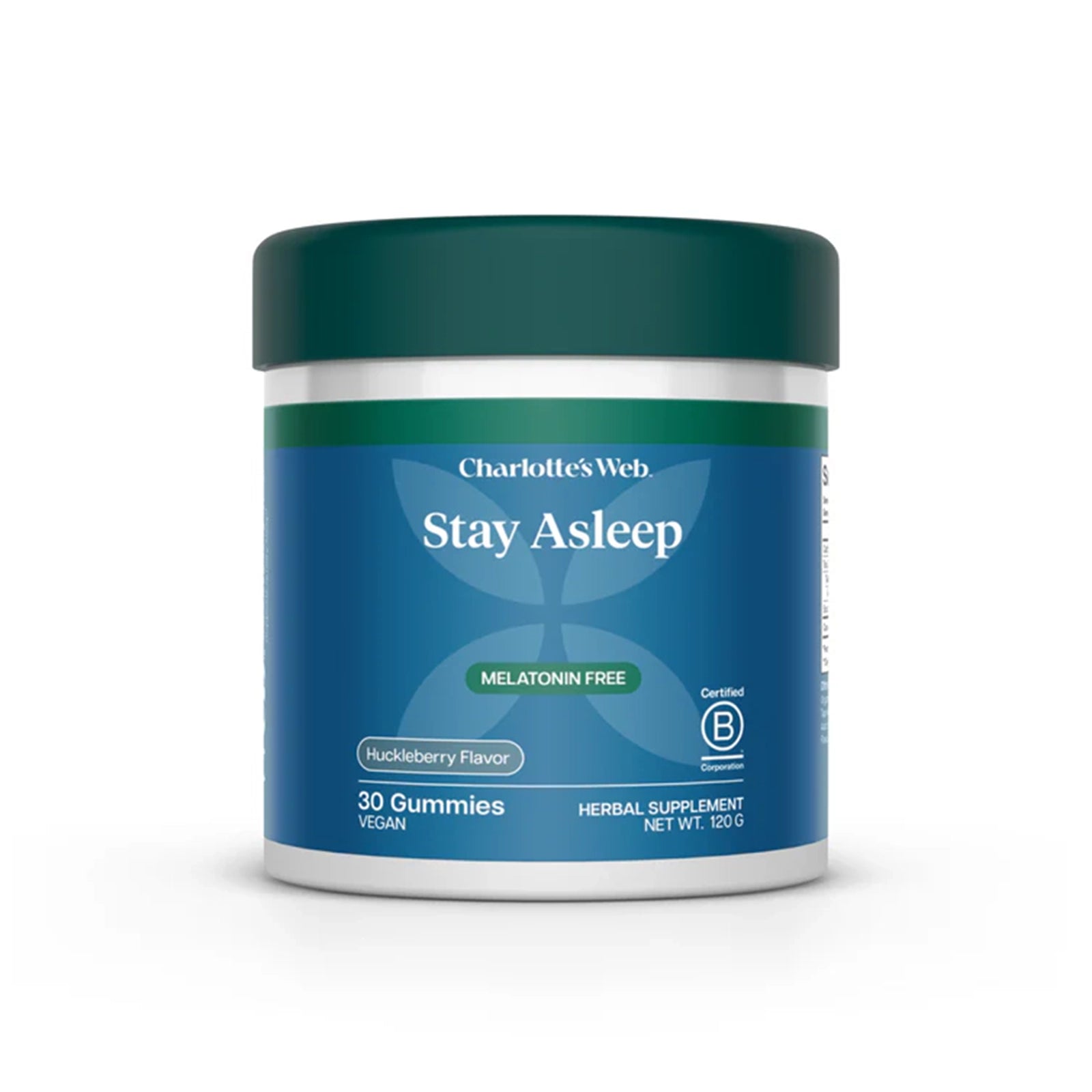 Charlotte's Web Stay Asleep gummies in huckleberry flavor, 30 count bottle with teal lid and blue label.