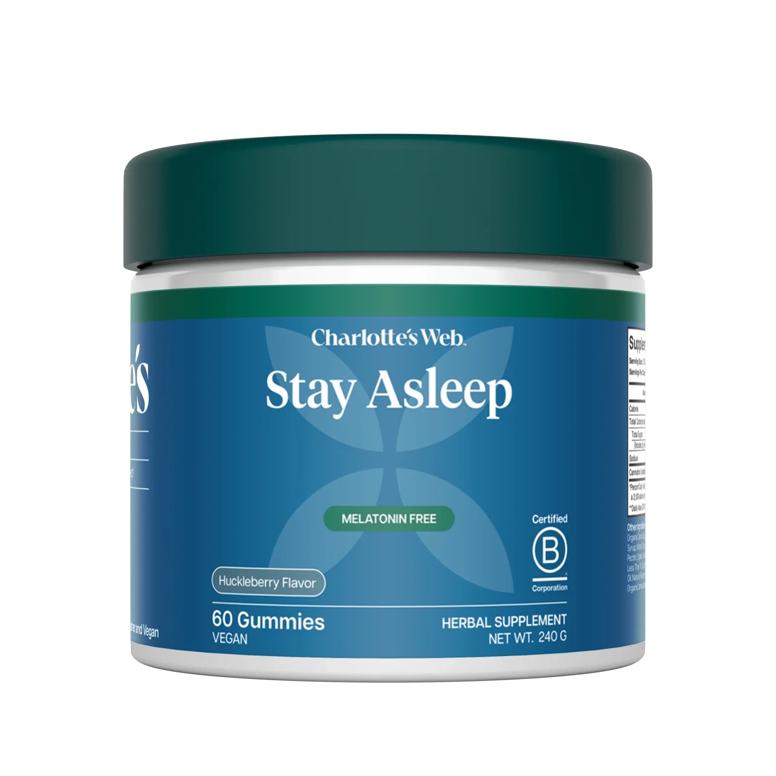 Charlotte's Web Stay Asleep gummies in a white and blue jar with teal lid, labeled as melatonin-free herbal supplement.