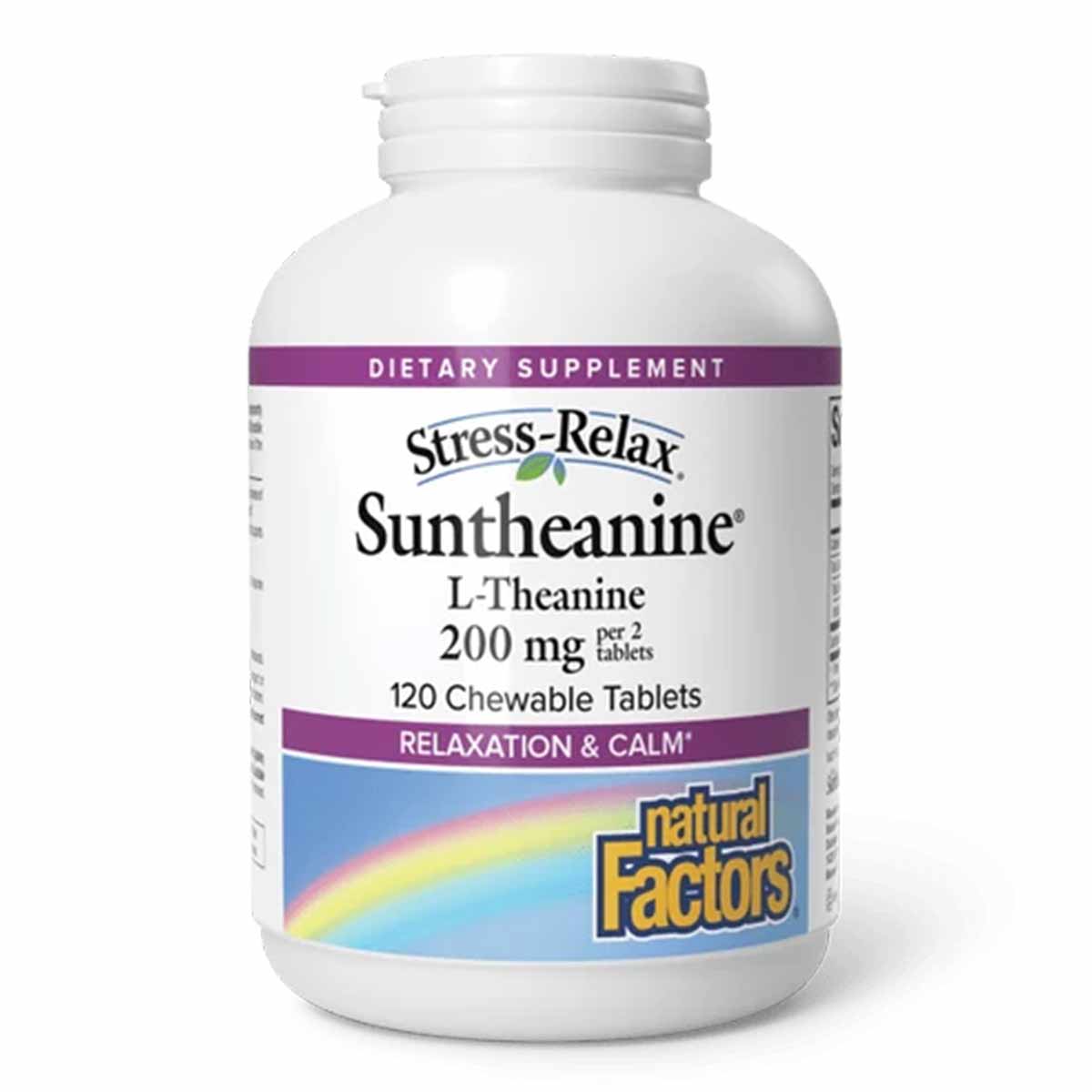 White bottle of Stress-Relax Suntheanine L-Theanine 200mg chewable tablets by Natural Factors, 120 count.