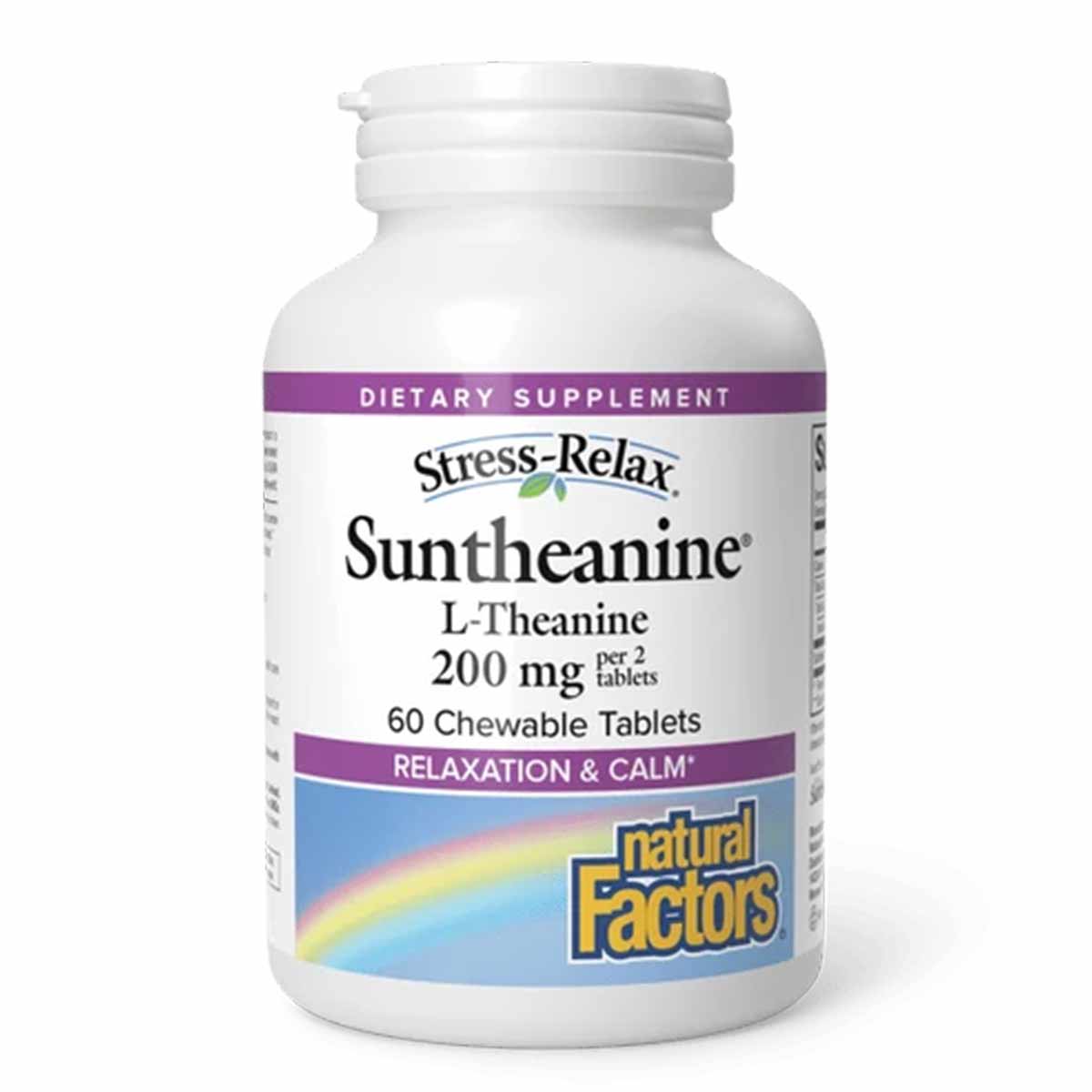 White bottle of Stress-Relax Suntheanine L-Theanine 200 mg chewable tablets by Natural Factors, 60 count.