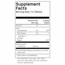 Supplement Facts label showing 200 mg Suntheanine L-Theanine per 1-2 tablet serving with nutritional information.