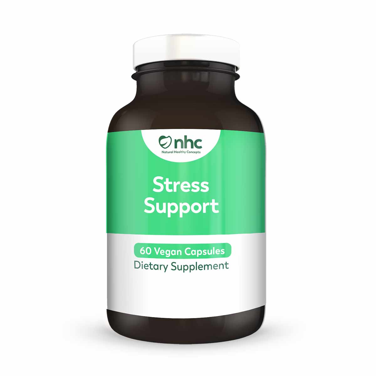 Stress Support dietary supplement bottle with dark glass container, white cap, and green label indicating 60 vegan capsules.