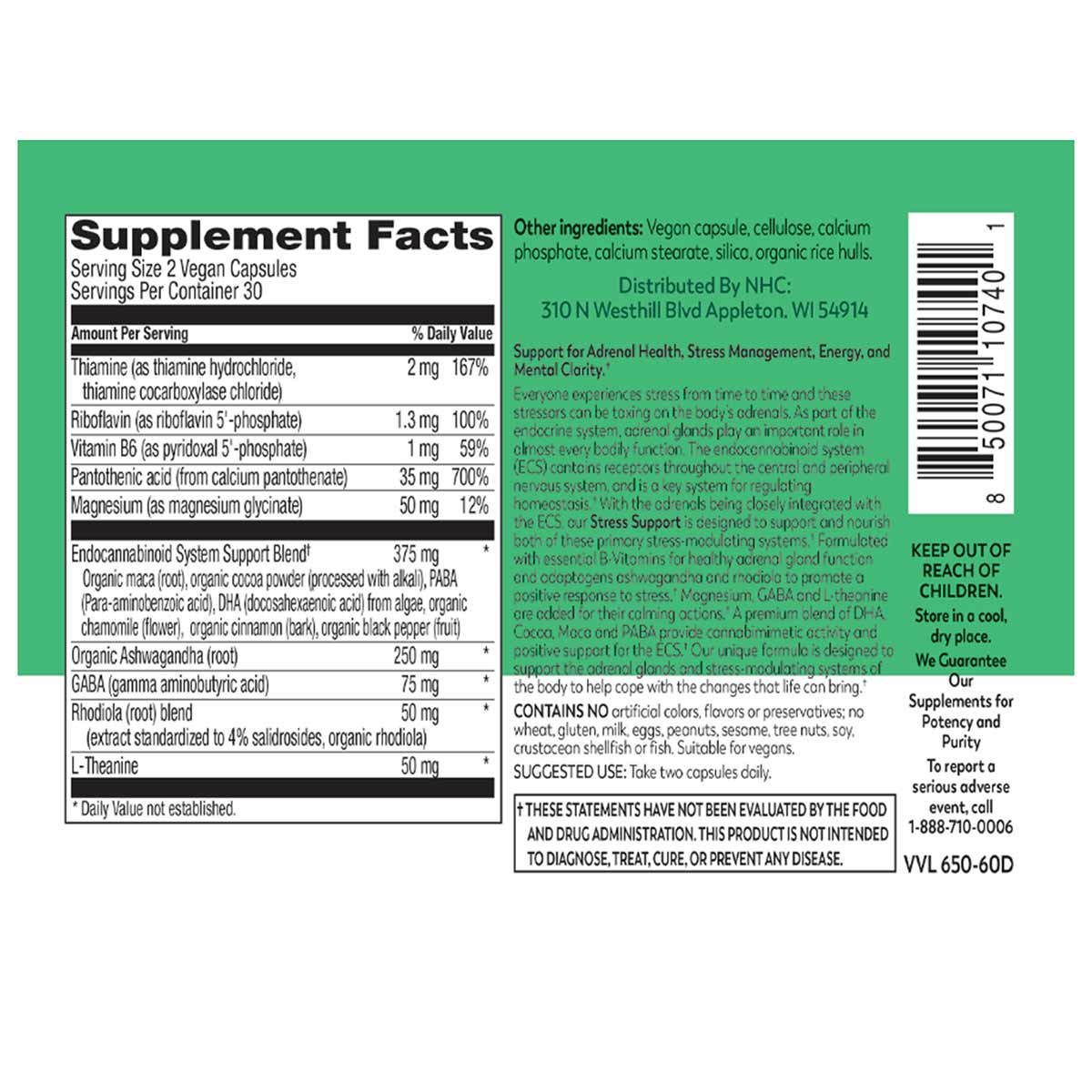 Supplement Facts label for Stress Support vegan capsules showing ingredients including thiamine, riboflavin, pantothenic acid