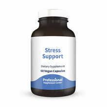 Dark amber glass supplement bottle with white and blue label reading "Stress Support, Dietary Supplement, 60 Vegan Capsules" 