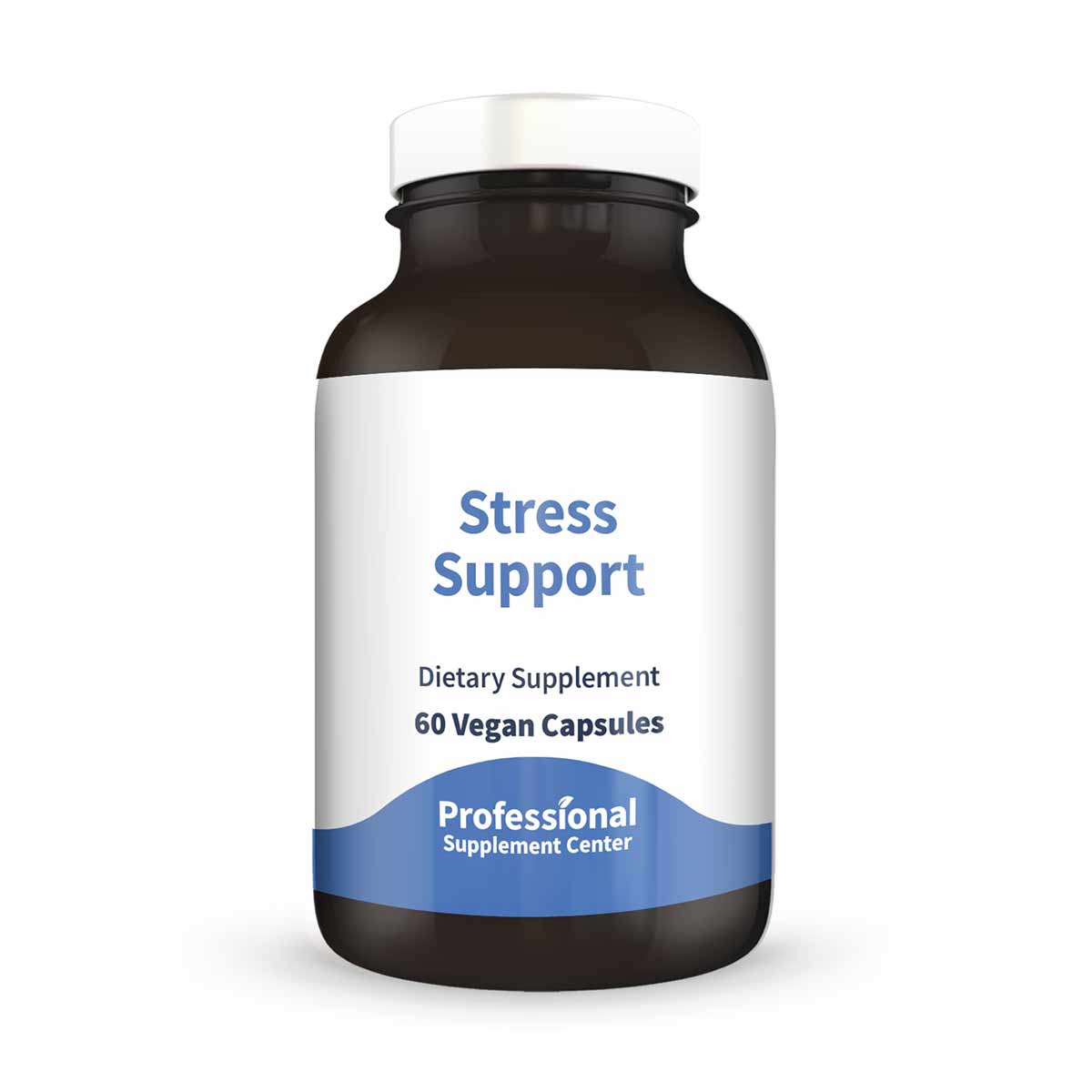 Dark amber glass supplement bottle with white and blue label reading "Stress Support, Dietary Supplement, 60 Vegan Capsules" 
