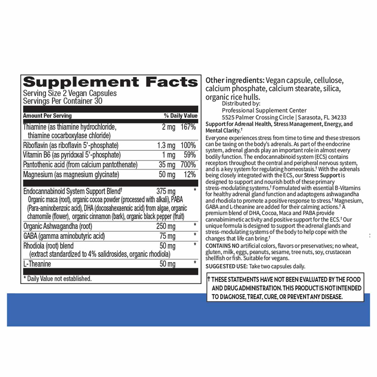 Supplement Facts label for Stress Support vegan capsules showing ingredients including thiamine, riboflavin, magnesium, ashwa