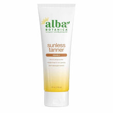 Alba Botanica sunless tanner tube with white top and yellow gradient lower section, 4 fl. oz. size.
