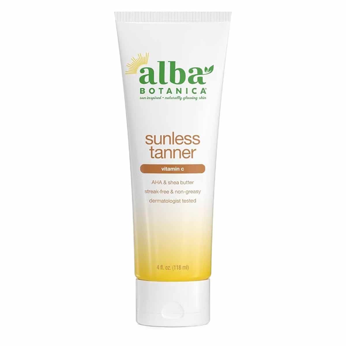 Alba Botanica sunless tanner tube with white top and yellow gradient lower section, 4 fl. oz. size.