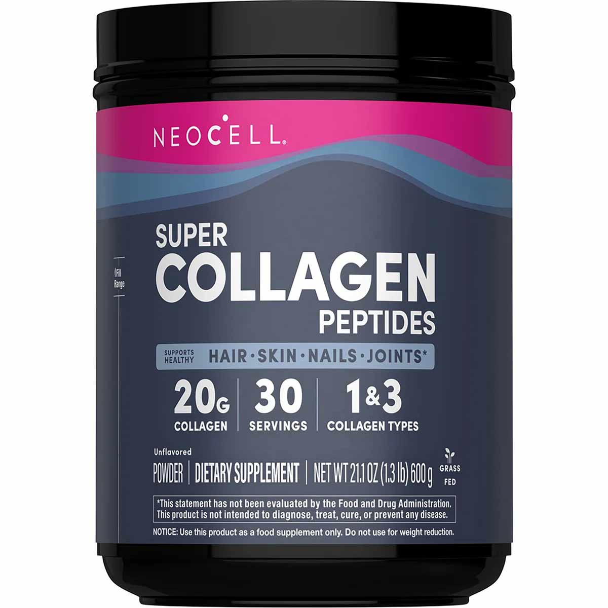 NeoCell Super Collagen Peptides unflavored powder in dark container with pink and blue label.
