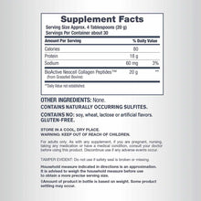 NeoCell Super Collagen Peptides supplement facts label showing 18g protein and 20g collagen peptides per serving.