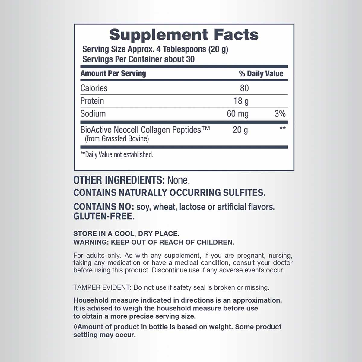 NeoCell Super Collagen Peptides supplement facts label showing 18g protein and 20g collagen peptides per serving.
