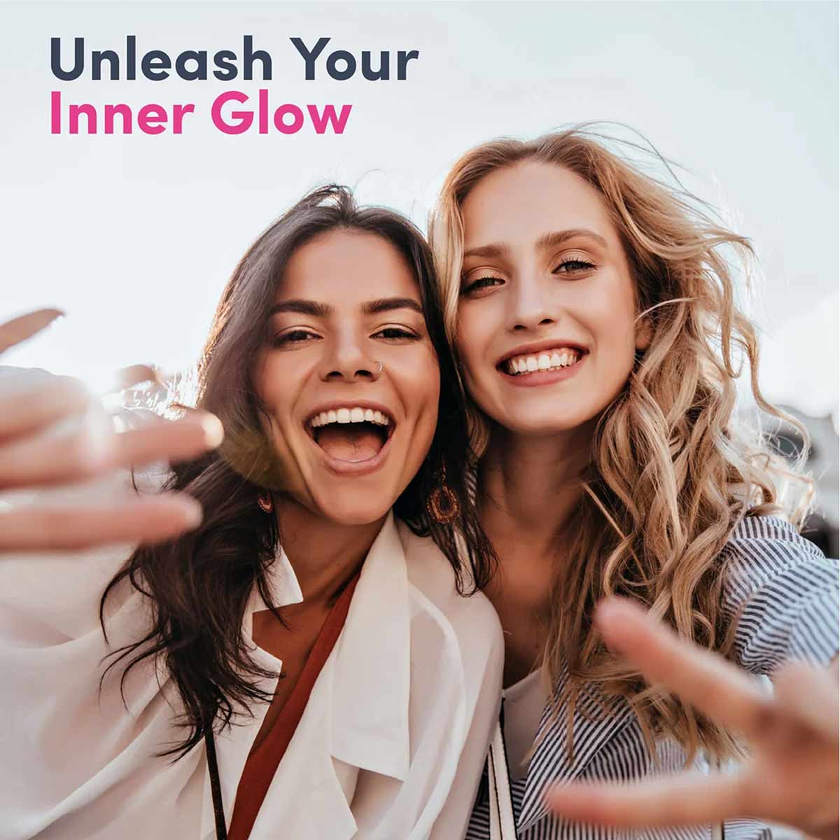 Two women smiling outdoors with text "Unleash Your Inner Glow" and NeoCell Super Collagen Peptides branding.