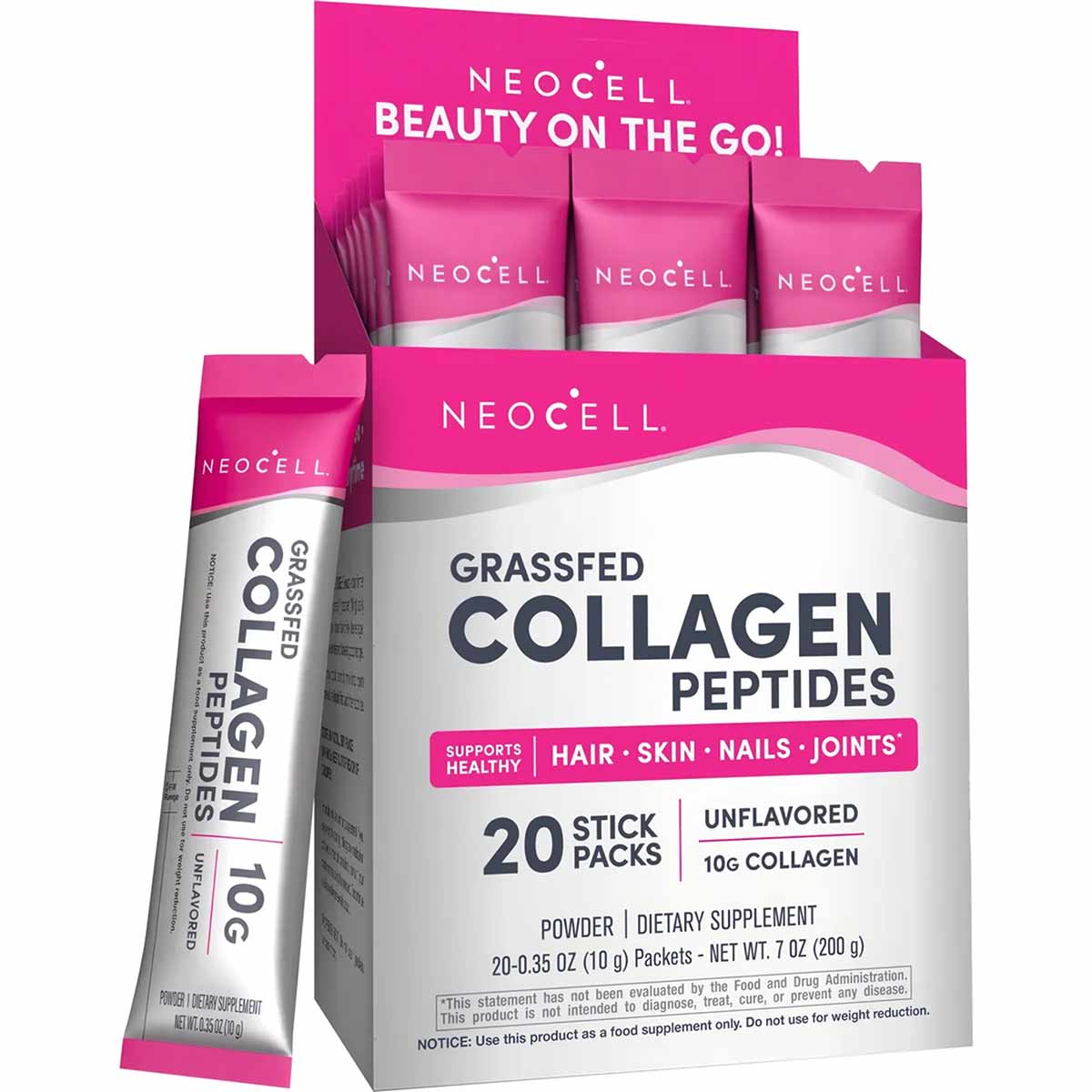 NeoCell grass-fed collagen peptides powder in 20 unflavored stick packs, 10g each.