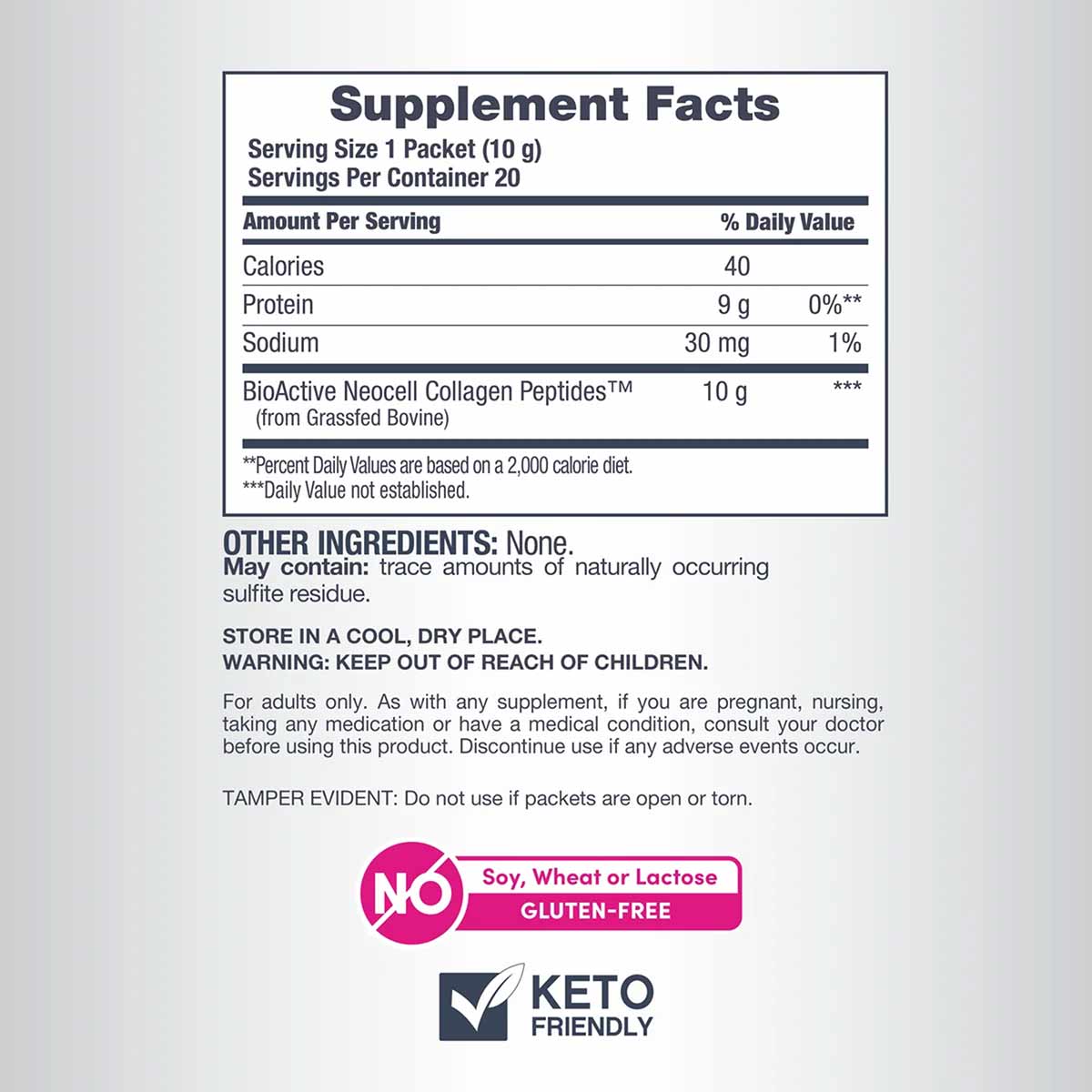 Supplement Facts label for NeoCell collagen peptides powder showing 10g serving per packet with 9g protein and ingredient inf
