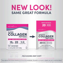 NeoCell collagen peptides powder in original and new stick pack formats, showing 20 individual packets labeled for hair, skin