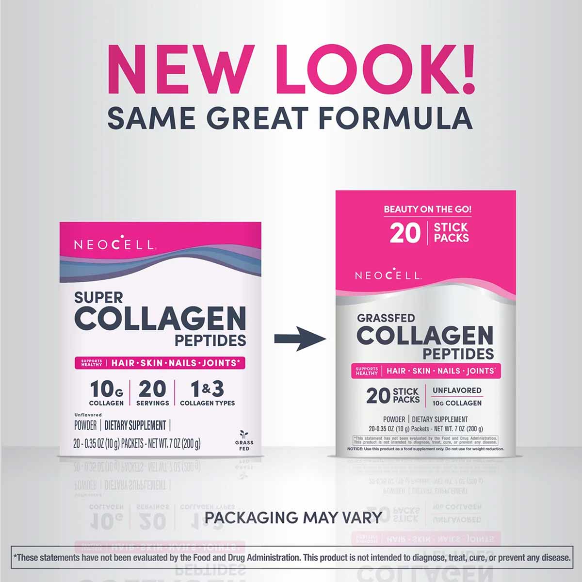 NeoCell collagen peptides powder in original and new stick pack formats, showing 20 individual packets labeled for hair, skin