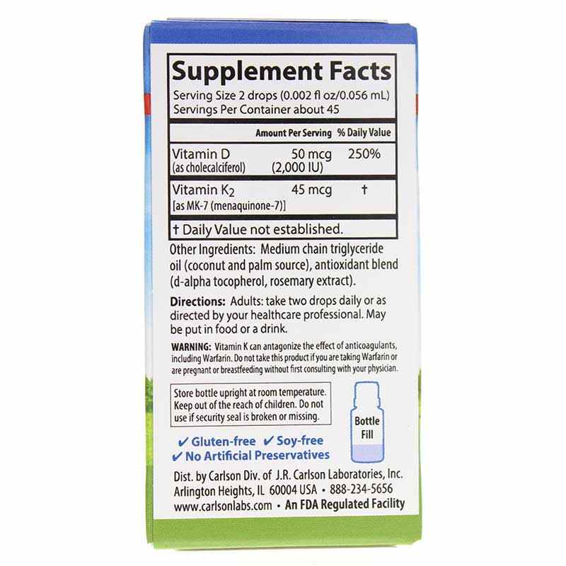 Super Daily D3 + K2 Liquid (2,000 IU/45 Mcg), 90 Veg Drops, by Carlson Labs, image #3