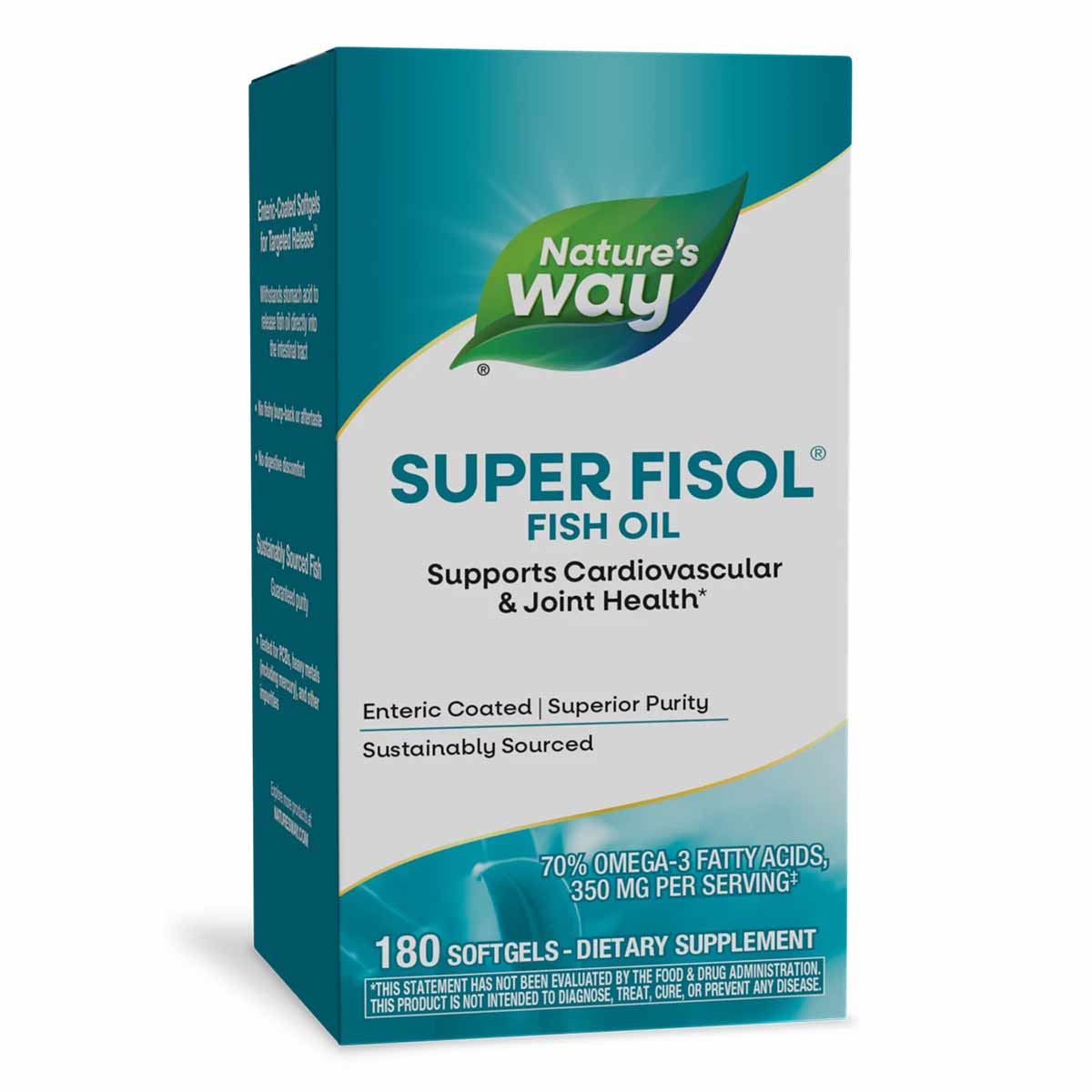Nature's Way Super Fisol enteric-coated fish oil supplement bottle containing 180 softgels.