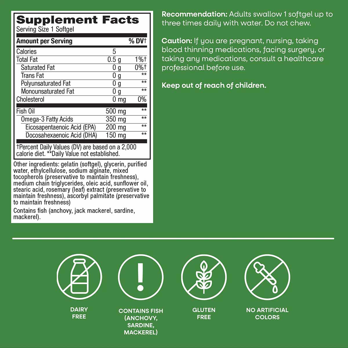 Supplement Facts label for fish oil softgels with omega-3 fatty acids, EPA, and DHA on green background.