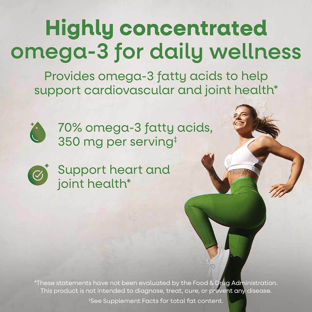 Woman in white sports bra and green leggings with text describing omega-3 fish oil supplement benefits and dosage information