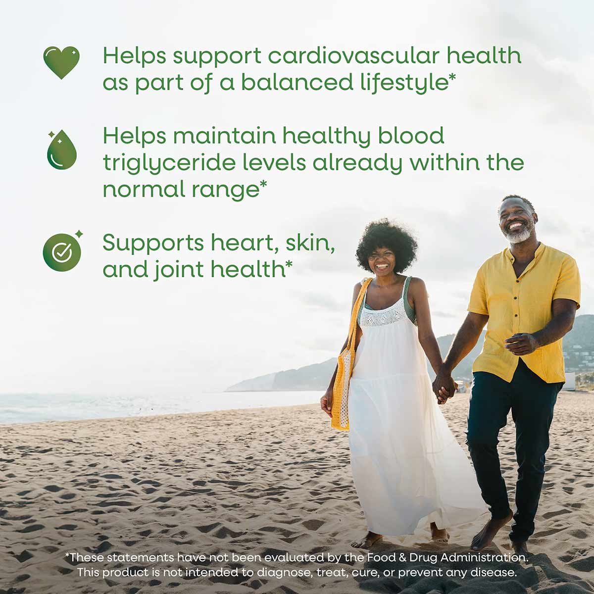 Middle-aged couple holding hands walking on beach with green text describing fish oil supplement health benefits.