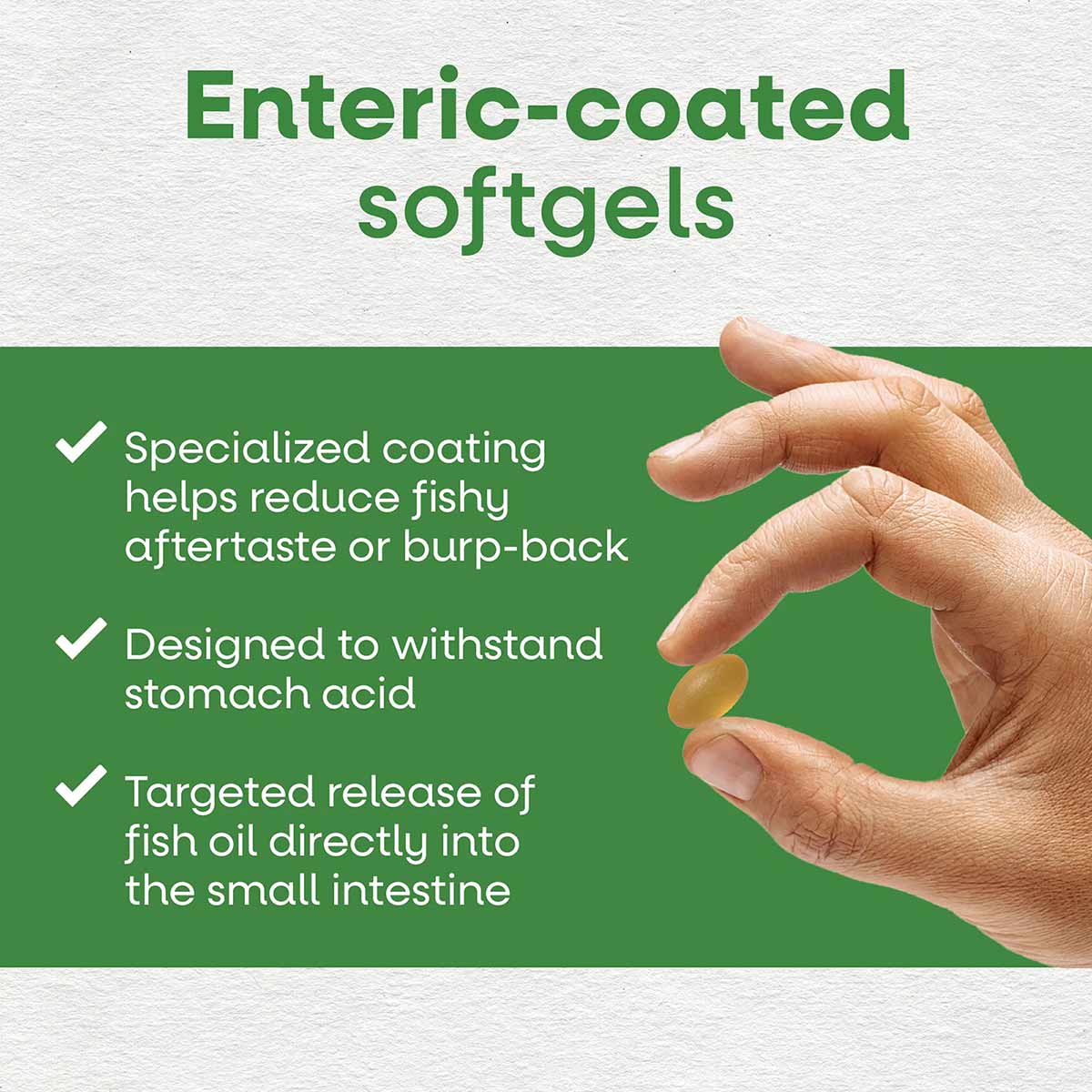 Hand holding a yellow enteric-coated fish oil softgel capsule against a green background with white text.