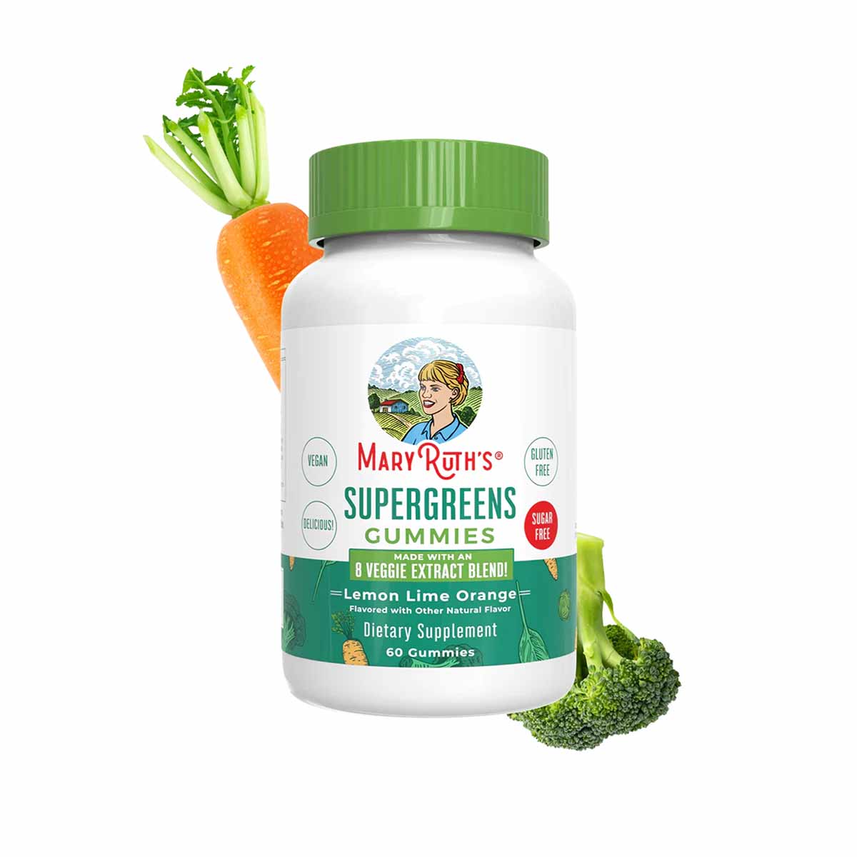 White bottle with green cap labeled MaryRuth's Supergreens Cummies, surrounded by carrot, celery, and broccoli.