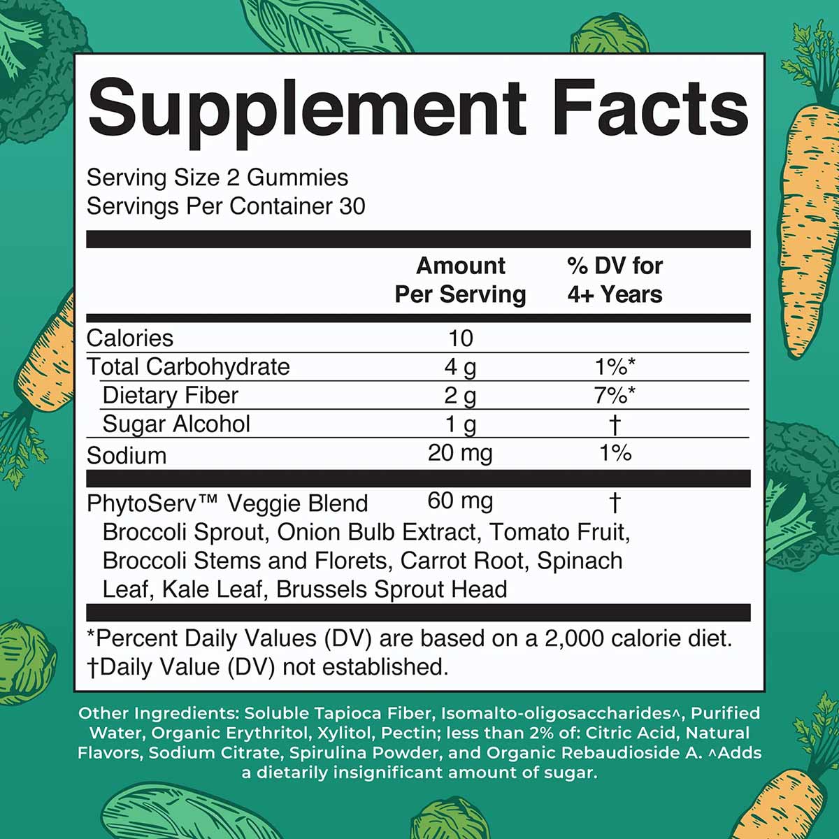 Supplement Facts label for Super Greens Gummies showing serving size, nutritional values, and PhytoServ Veggie Blend ingredie