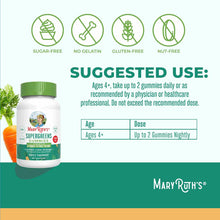 MaryRuth's Organics Super Greens Gummies bottle with green cap, lemon lime orange flavor, surrounded by fresh greens and carr