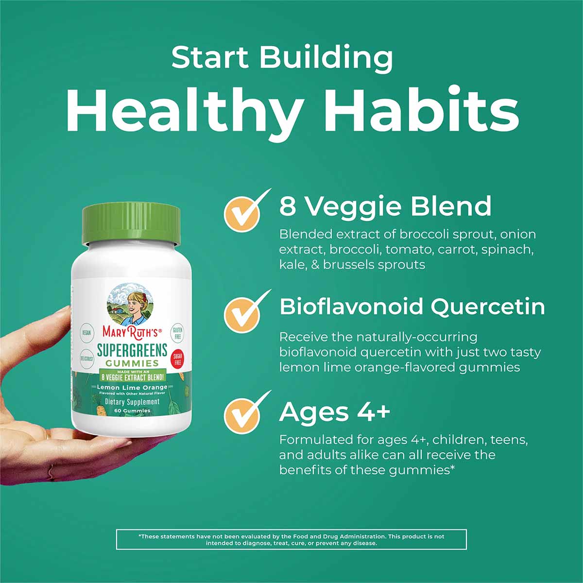 Bottle of MaryRuth's Super Greens Gummies held in hand against teal background with product benefits listed.