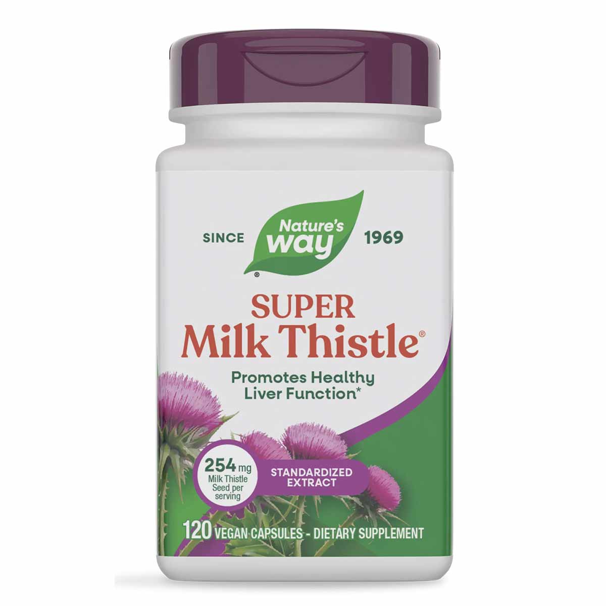 White bottle with purple cap containing 120 vegan capsules of Nature's Way Super Milk Thistle supplement with pink thistle fl