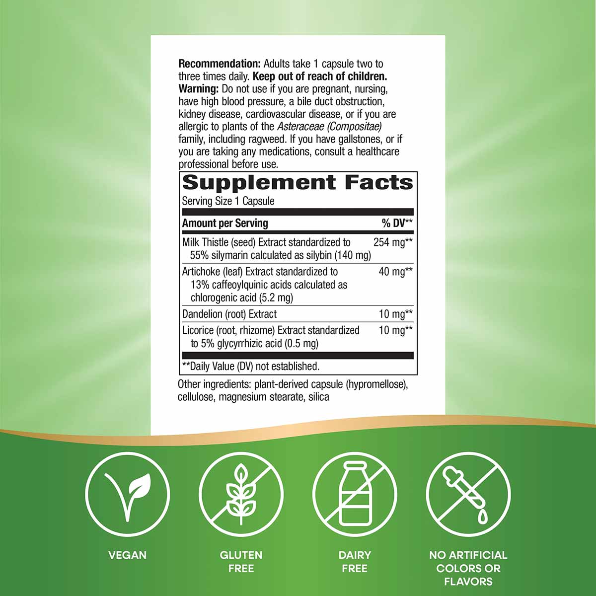 Supplement Facts label for Nature's Way Super Milk Thistle with dosage recommendations, ingredients, and certification icons 