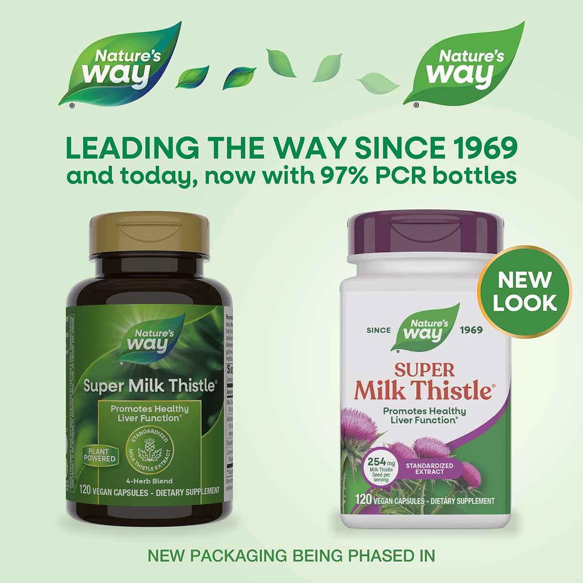 Two bottles of Nature's Way Super Milk Thistle dietary supplement with green and purple labels, 120 vegan capsules each.