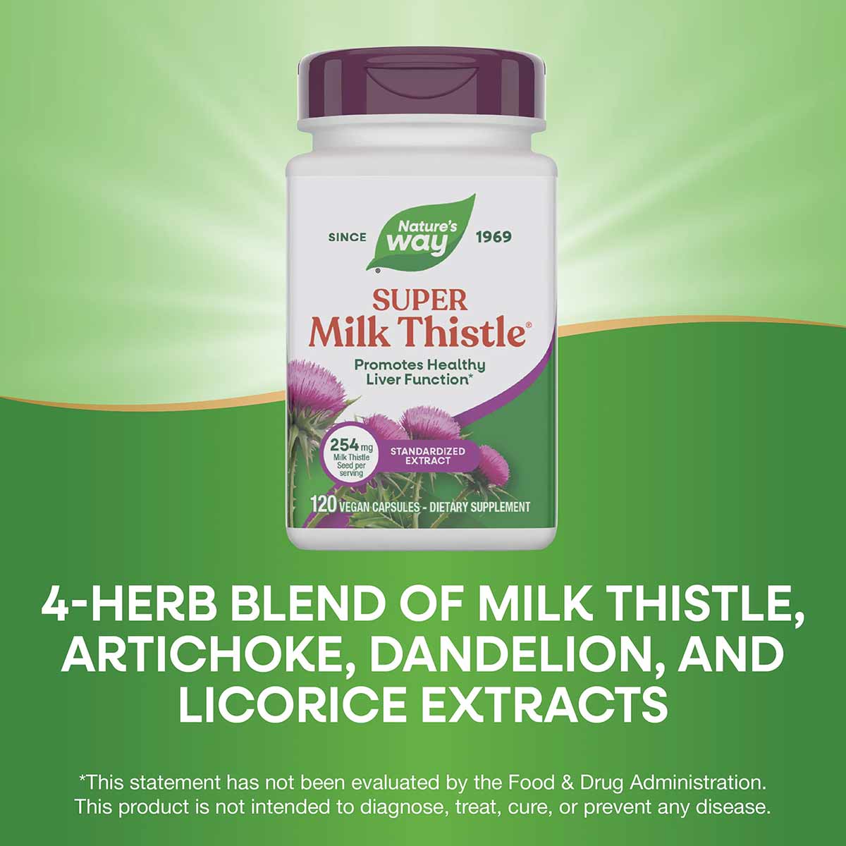 Nature's Way Super Milk Thistle bottle with purple cap and label showing 120 vegan capsules on green background.