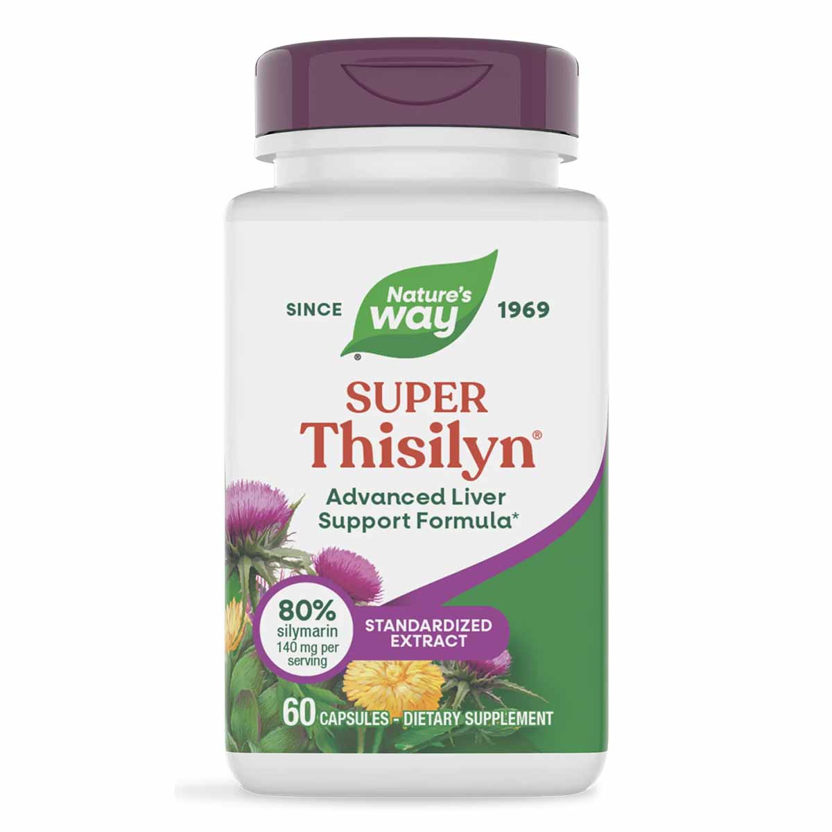 White bottle with purple cap labeled Super Thislyn Advanced Liver Support Formula by Nature's Way, containing 60 capsules.