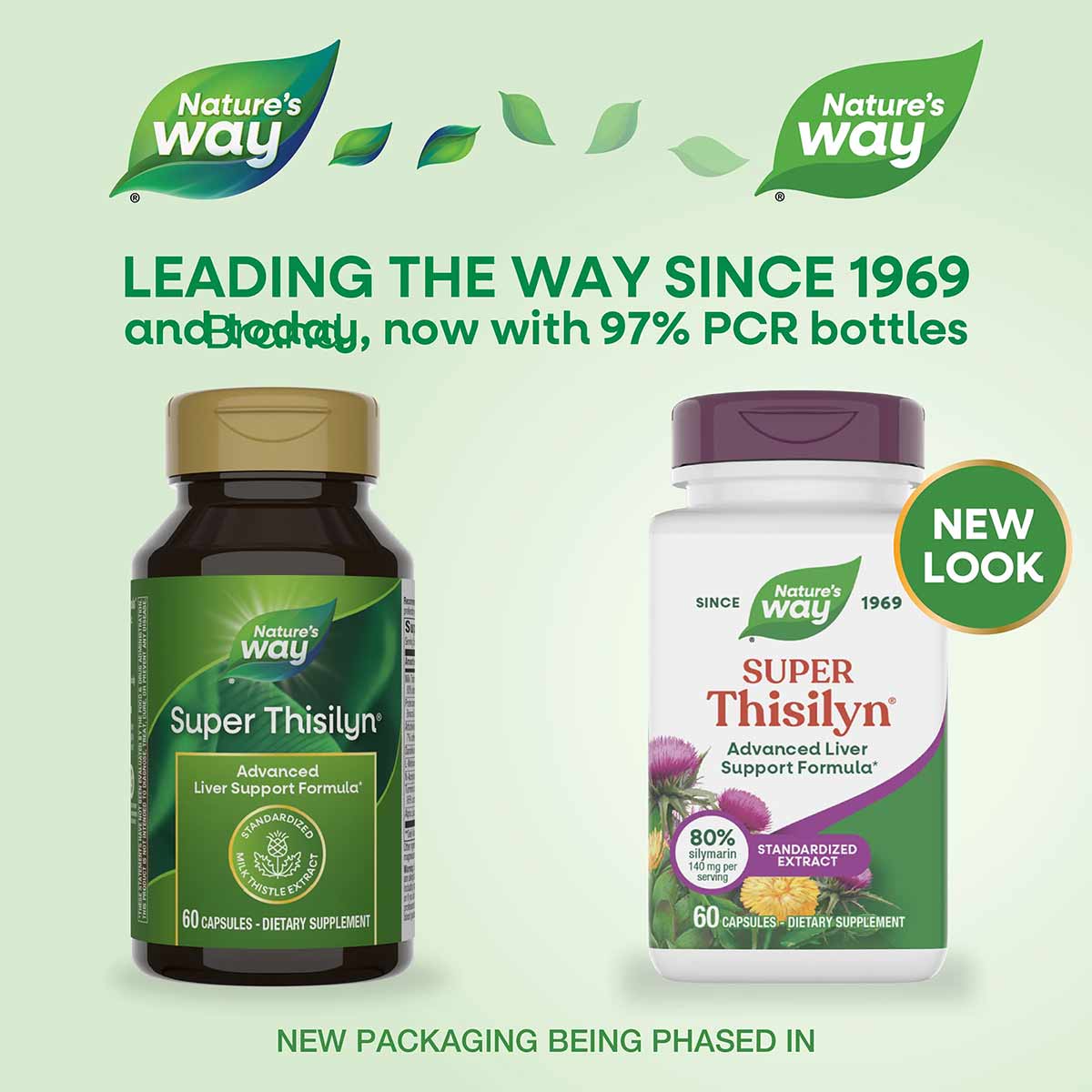 Two bottles of Super Thisilym Advanced Liver Support Formula by Nature's Way: dark glass bottle with gold cap and white bottl